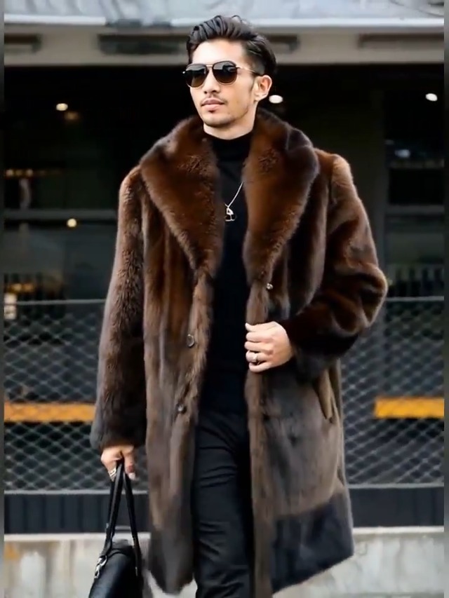 INVACHI Men's Faux Fur Coat Winter Long Faux Mink Coat Fluffy